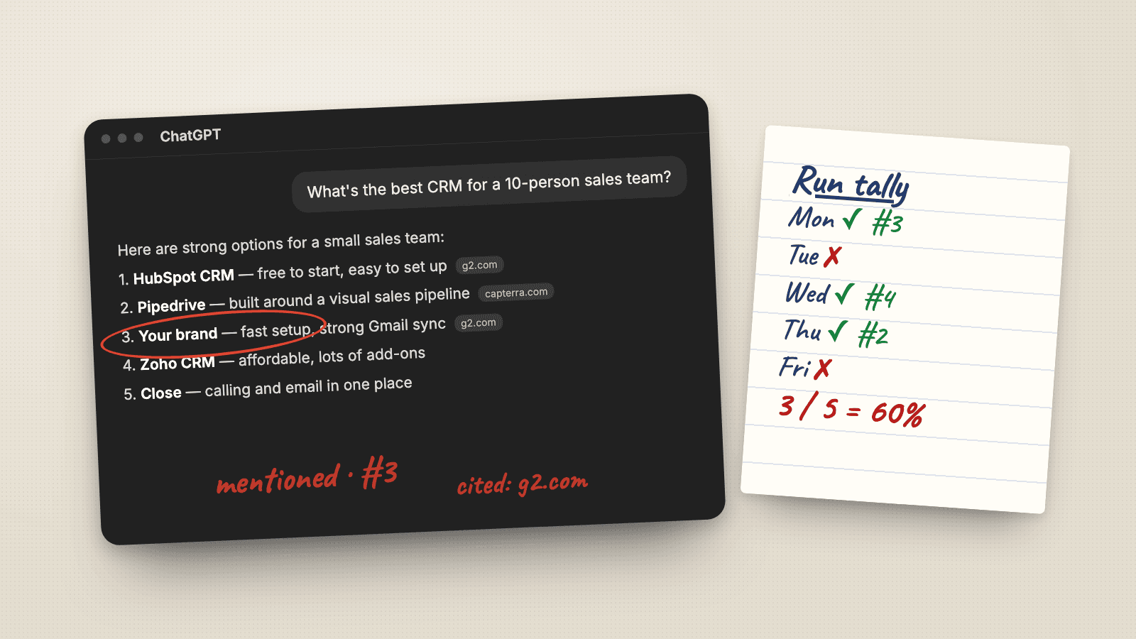 Illustration of a ChatGPT answer listing CRM tools with one brand circled at position three, beside a handwritten tally of five runs